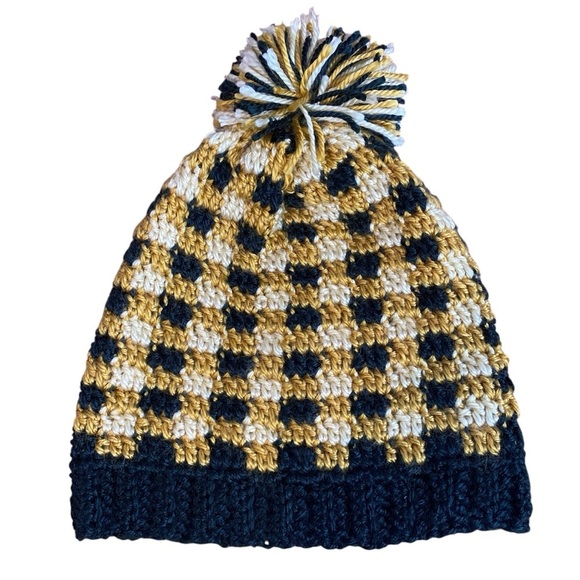 Handmade Gold, Tan, and Black Knit Beanie/Hat with Pom-Pom - Picture 4 of 6